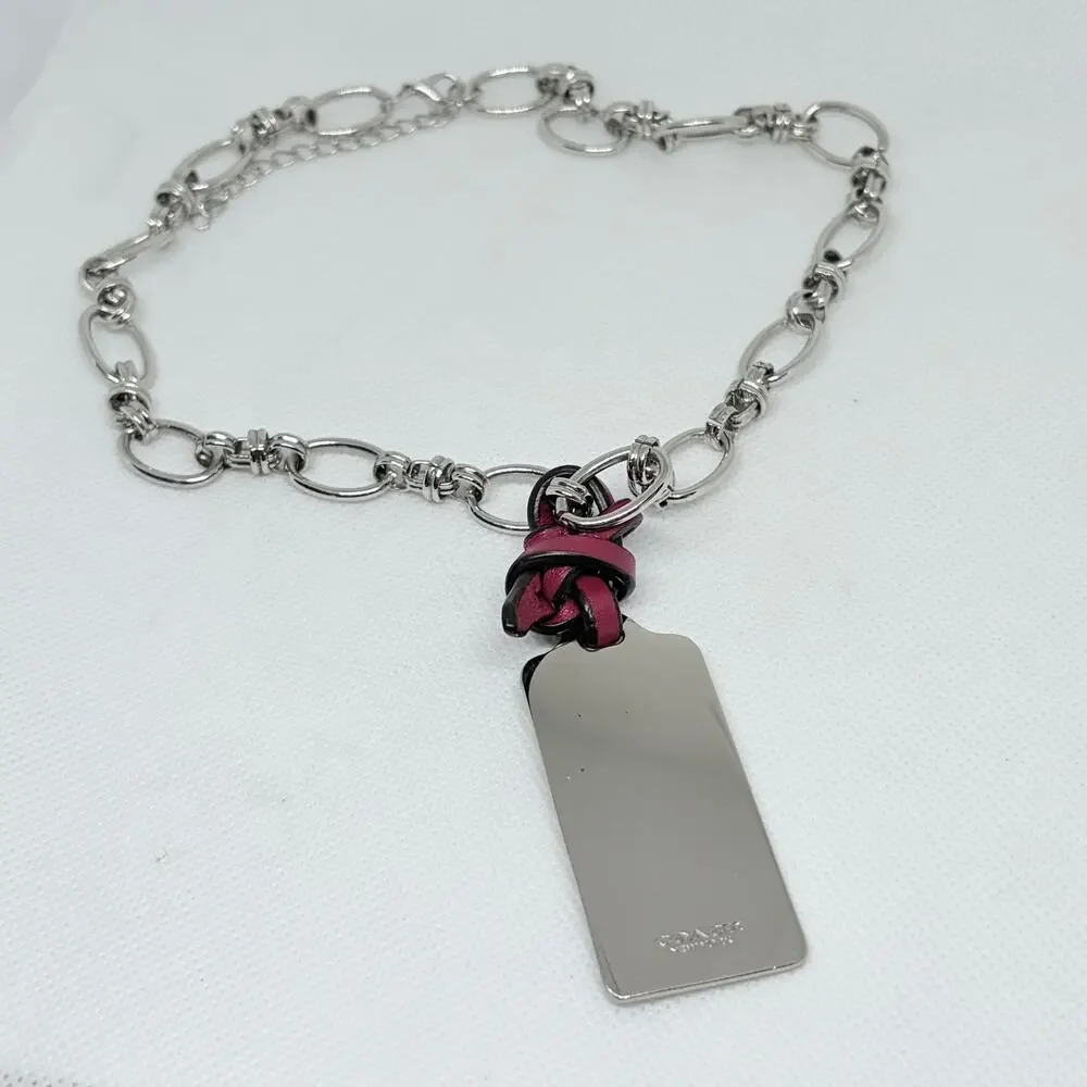 Coach Silver Hang Tag Pendant Necklace w/Red Leather Fob Silver Chain 18 Inch - Picture 6 of 9
